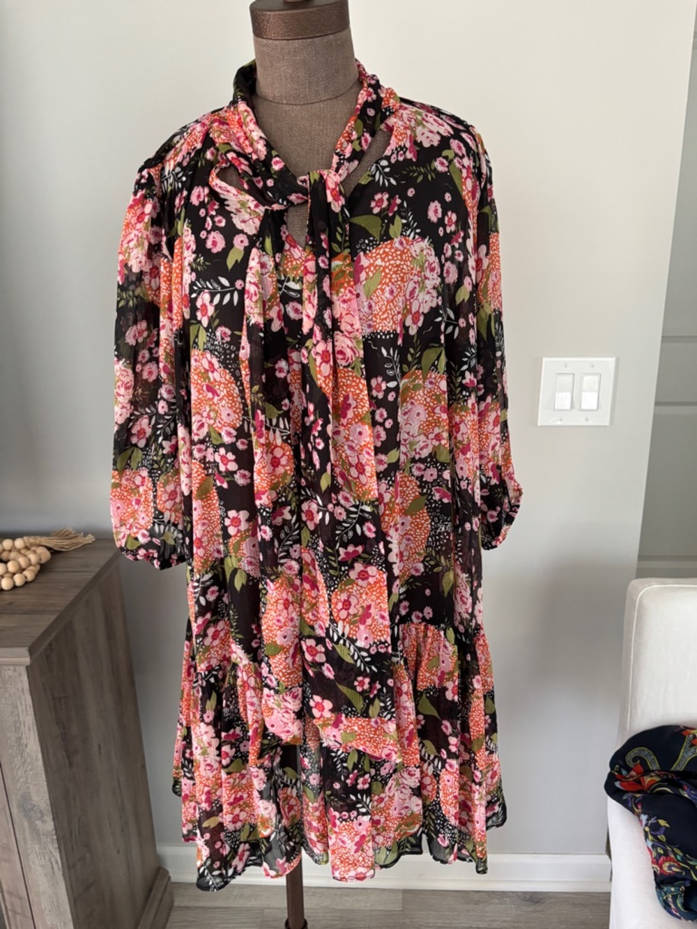 By Timo Floral Tie-Neck Swing Dress in Black and Pink XL